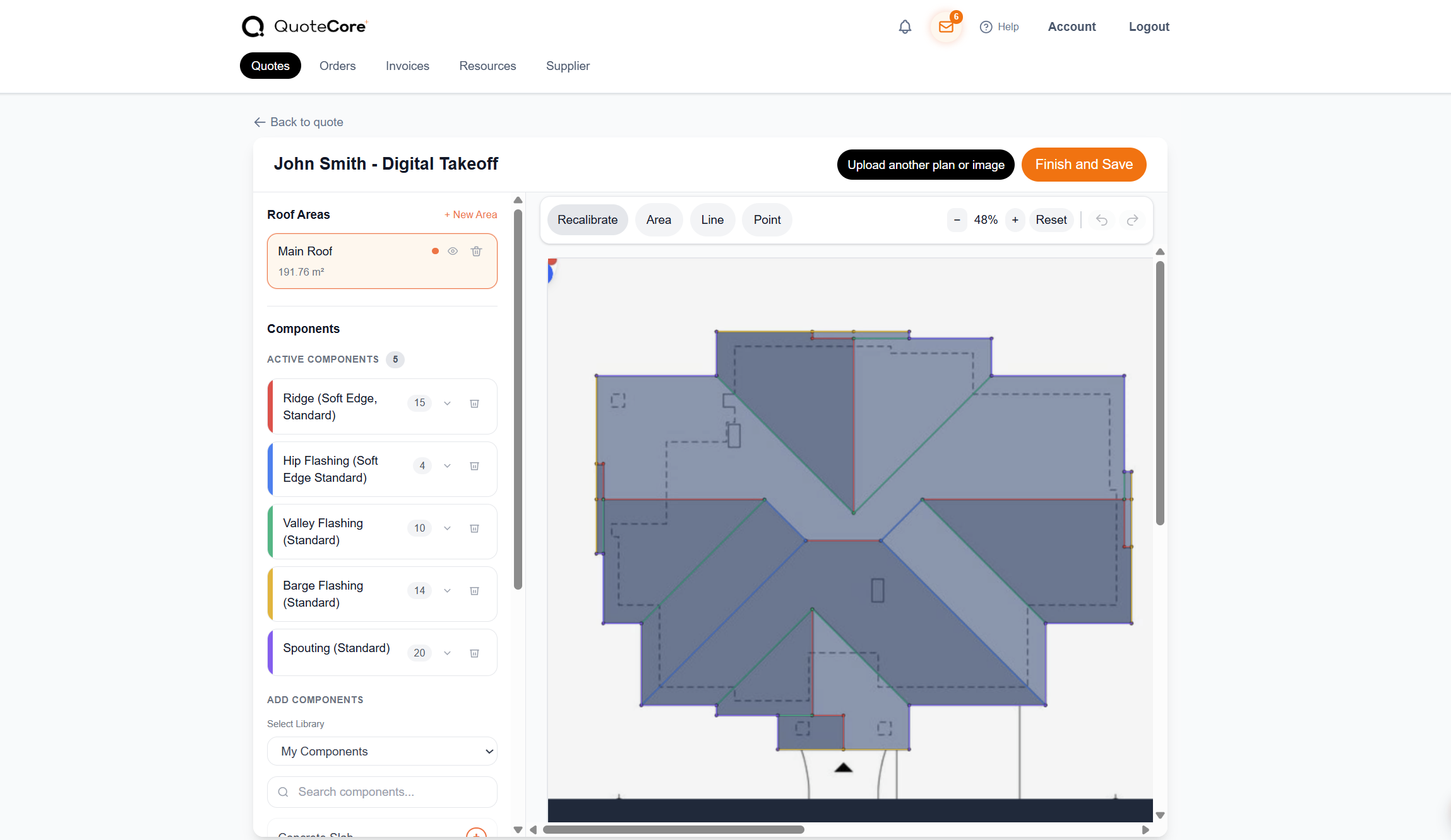 QuoteCore+ digital roof takeoff showing color-coded measurement lines on a roof plan with component list