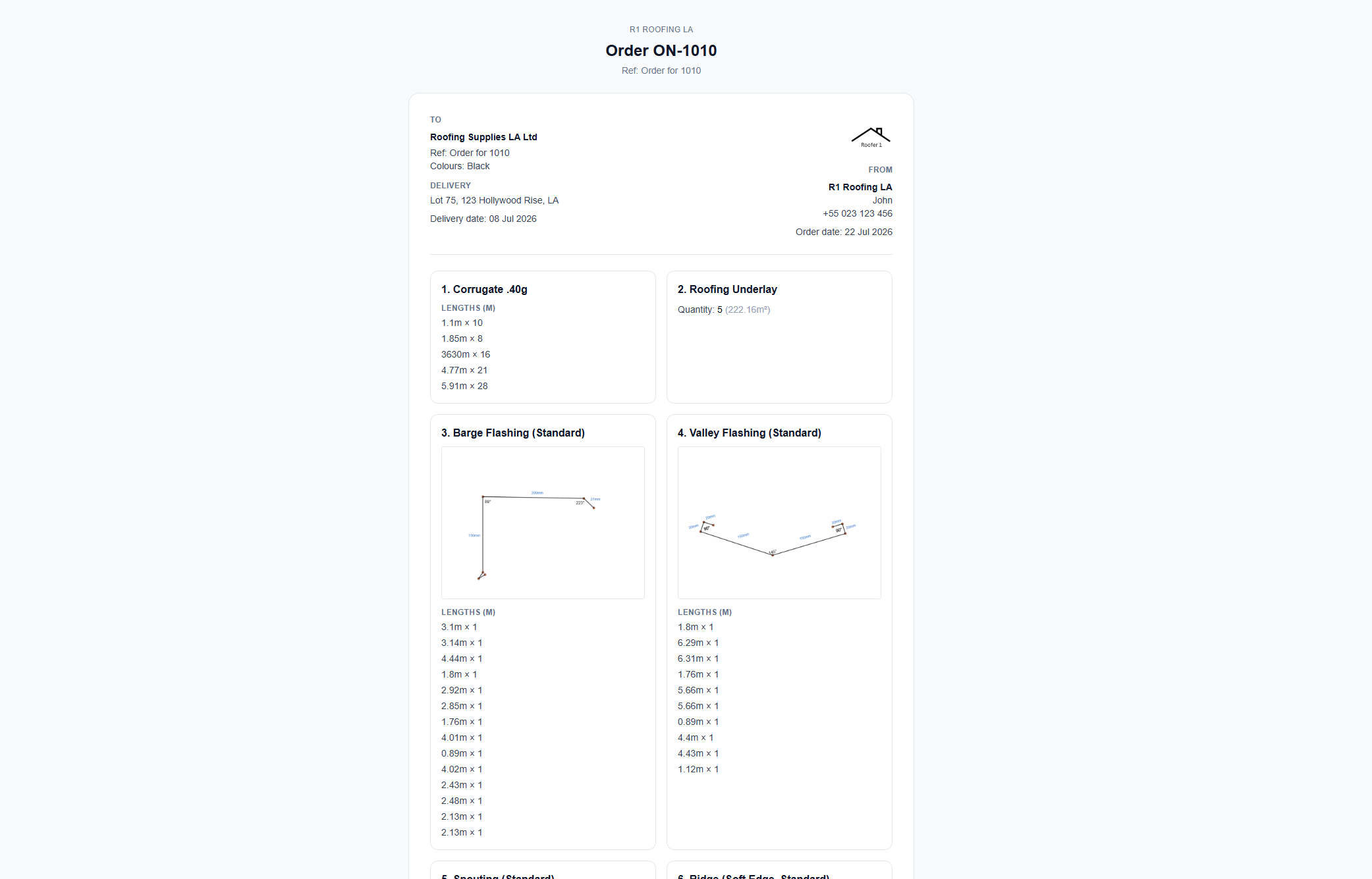 QuoteCore+ material order showing roofing materials with quantities, cut lengths, supplier details, and profile drawings