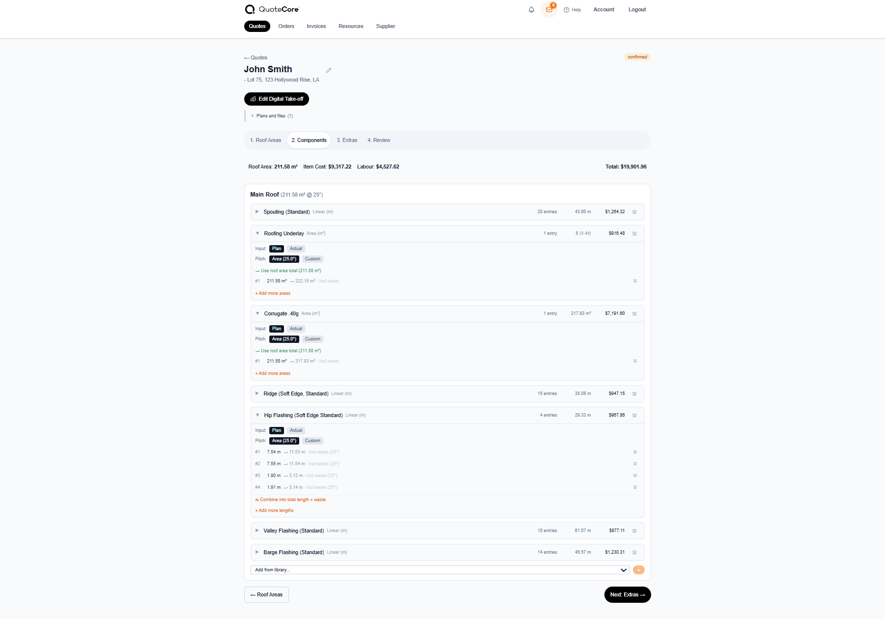 QuoteCore+ Smart Components in a quote showing auto-calculated quantities, waste allowances, and pricing for roofing materials