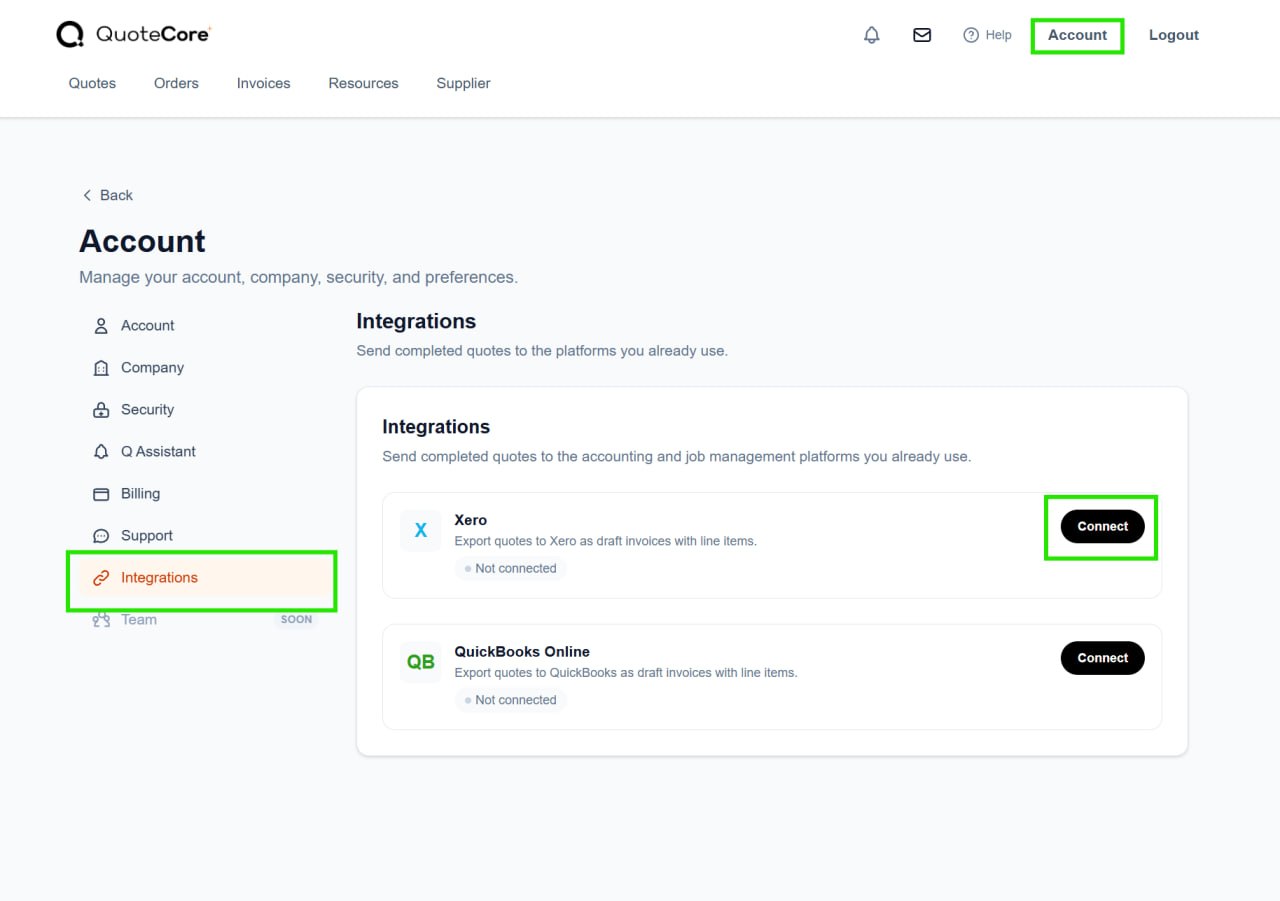 Xero integration in QuoteCore+ account settings with the Connect button.