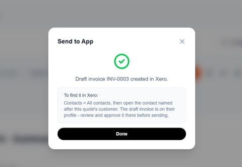 Confirmation that a draft invoice was created in Xero, with instructions to find it under Contacts.