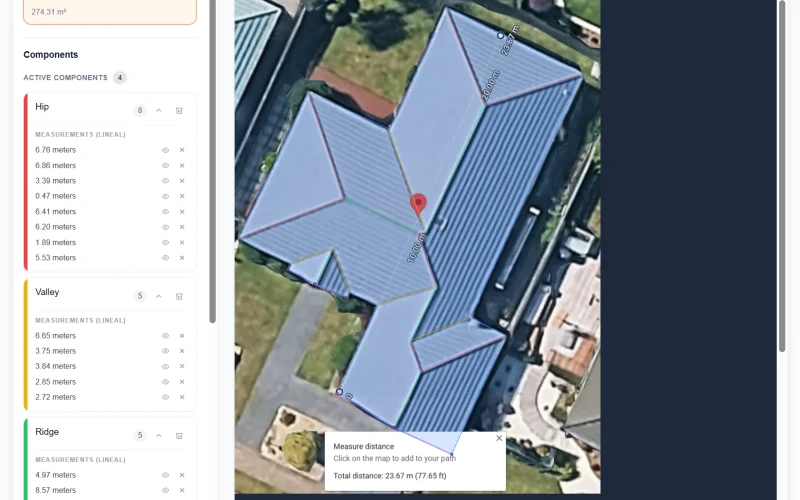 Completed QuoteCore+ digital takeoff of a study roof with measured components