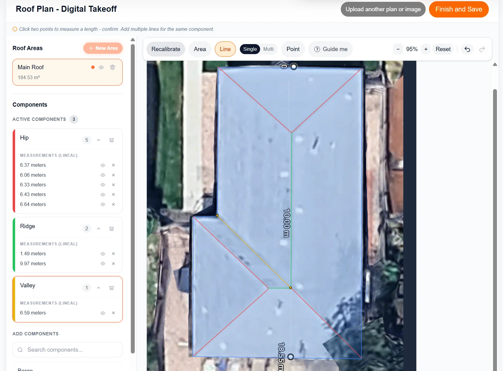 US-01 completed QuoteCore+ digital roof takeoff with all measured components