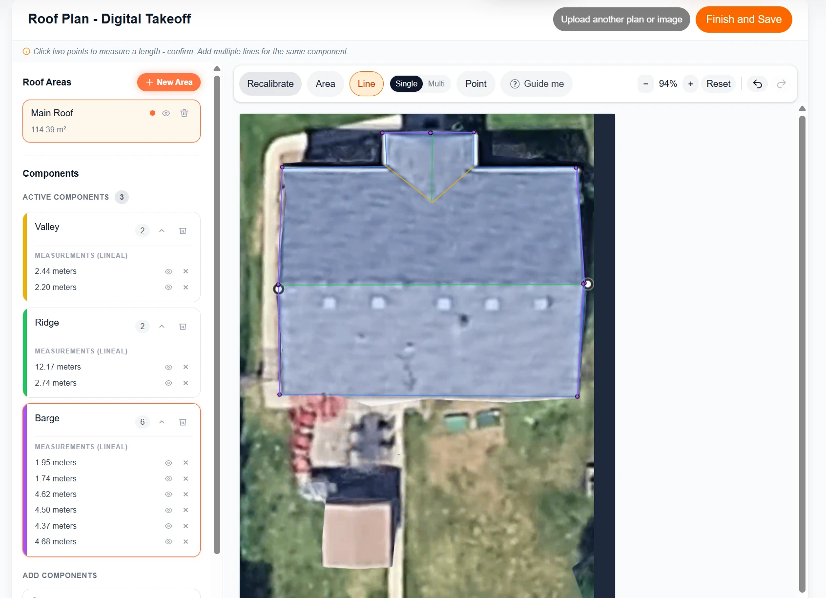 US-02 completed QuoteCore+ digital roof takeoff with all measured components