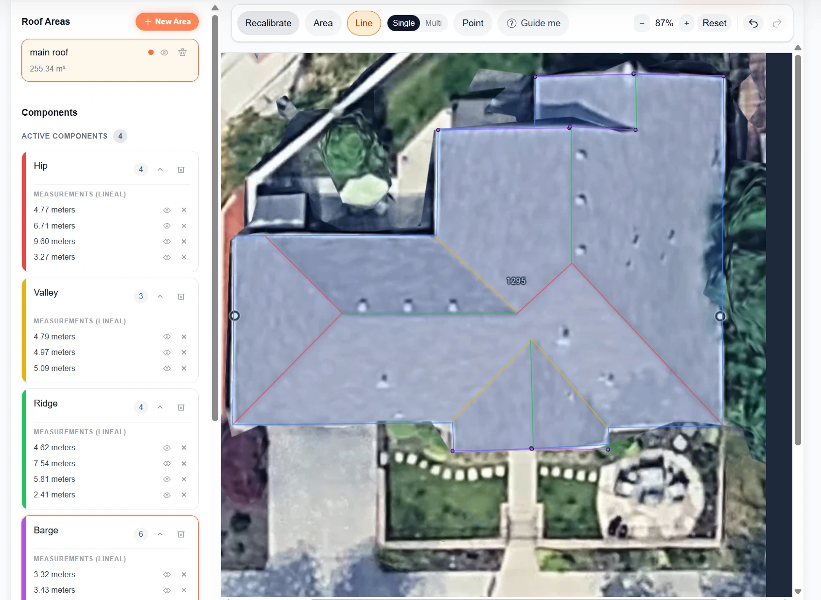 US-03 completed QuoteCore+ digital roof takeoff with all measured components