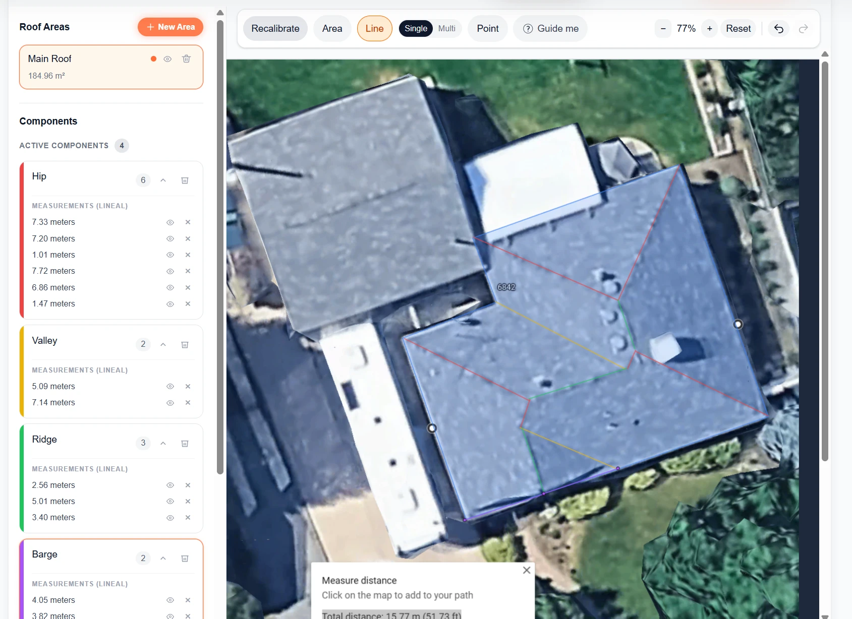 US-05 completed QuoteCore+ digital roof takeoff with all measured components