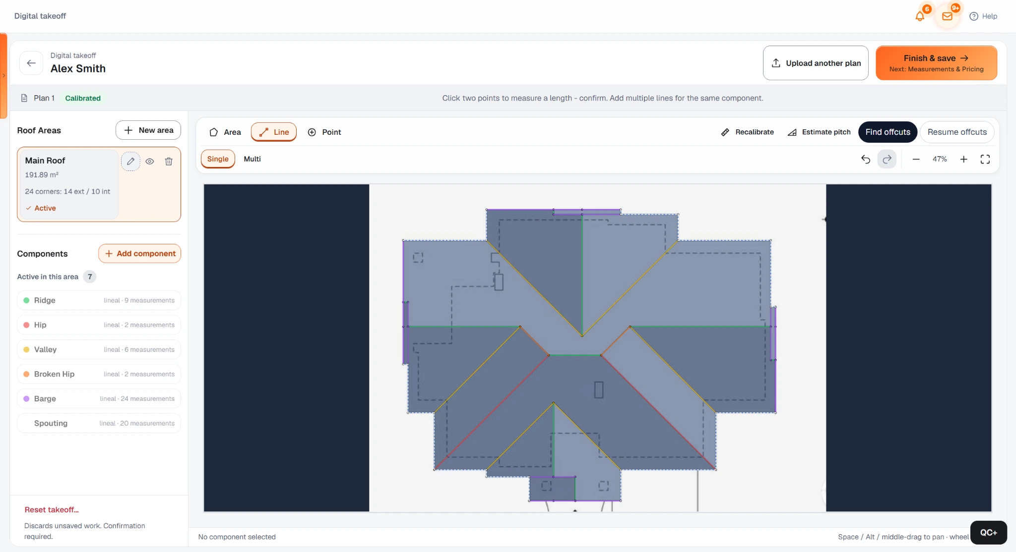 Reviewed roof geometry from Roof Scan Assist feeding the offcut planning workflow