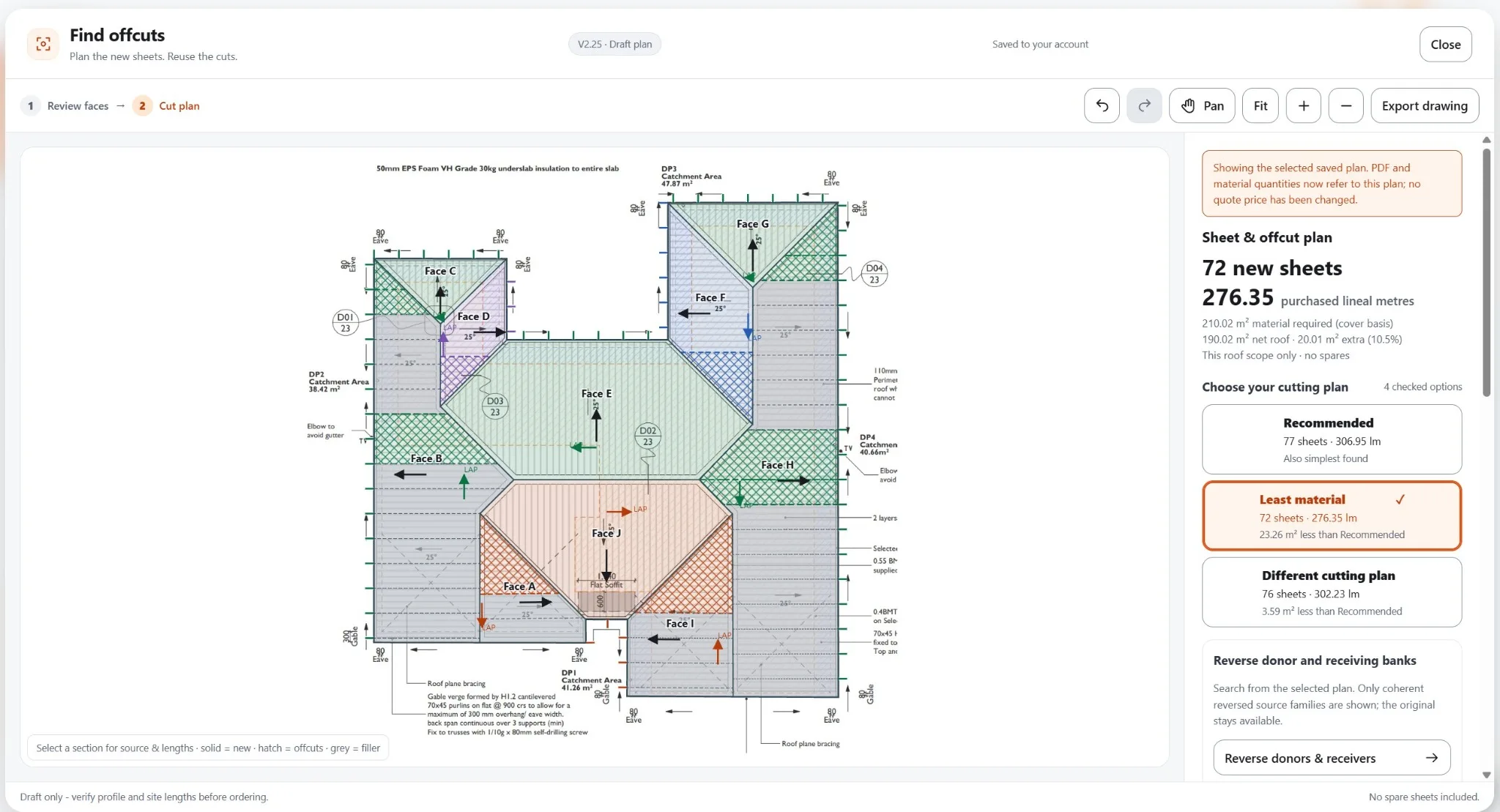 QuoteCore+ Offcut Optimiser with a generated whole-roof cut plan