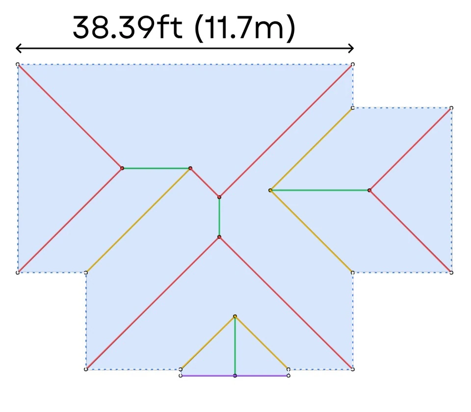 Measured multi-face pitched residential roof with hips, ridges and valleys in QuoteCore+ roof takeoff software