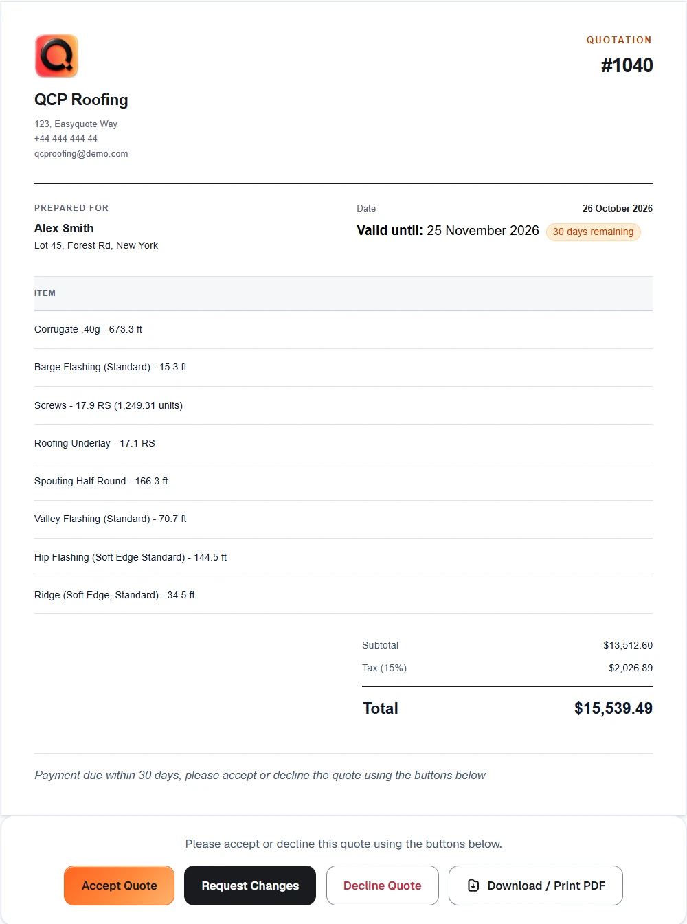 Sent customer roofing quote produced from the measured multi-face roof in QuoteCore+