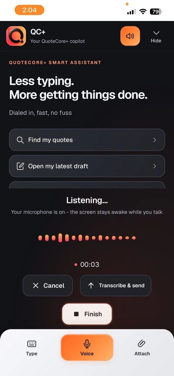 Actual QuoteCore+ Smart Assistant voice interface on mobile