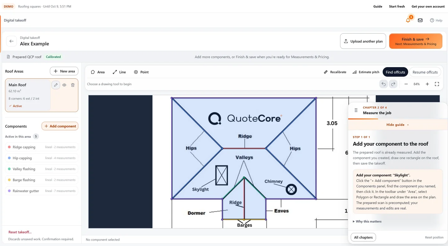 QuoteCore+ digital takeoff with a sample roof plan, measured areas and roofing components