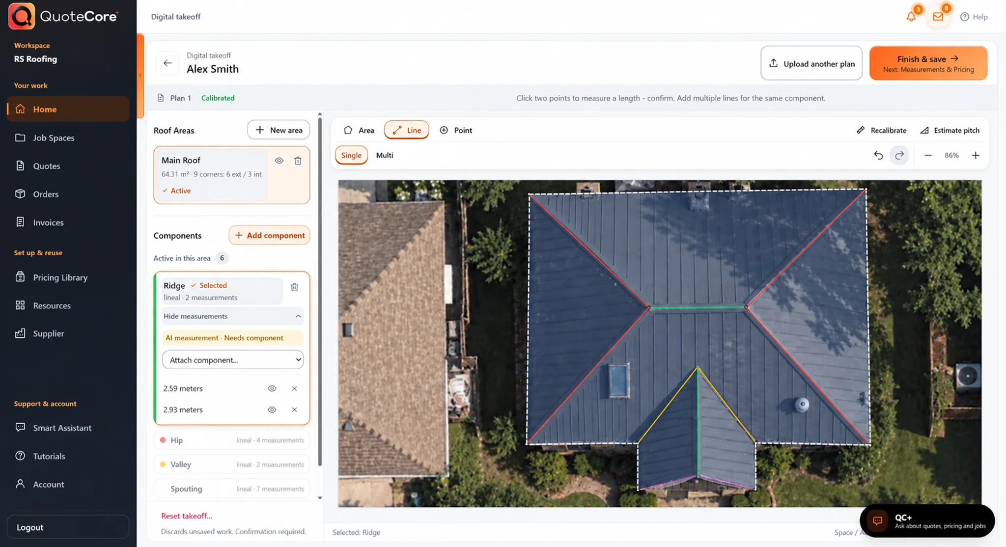 QuoteCore+ digital takeoff with the charcoal sidebar, measured roof areas, ridges, hips and valleys.