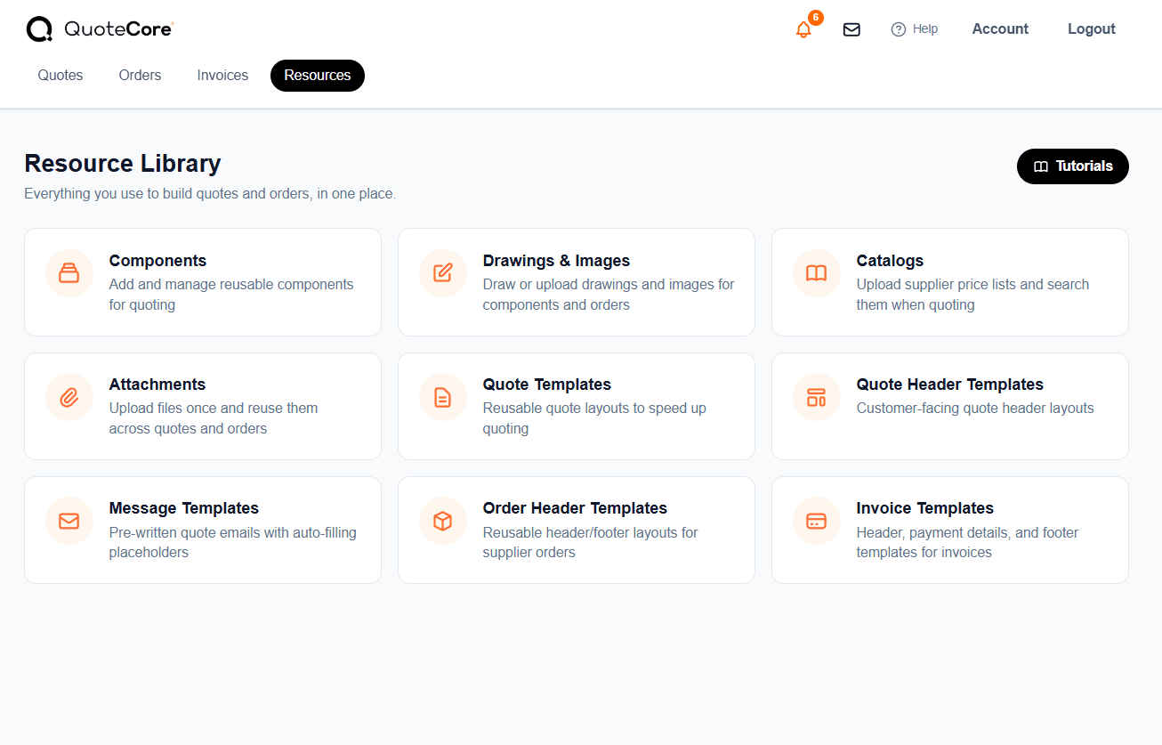 QuoteCore resource library screen